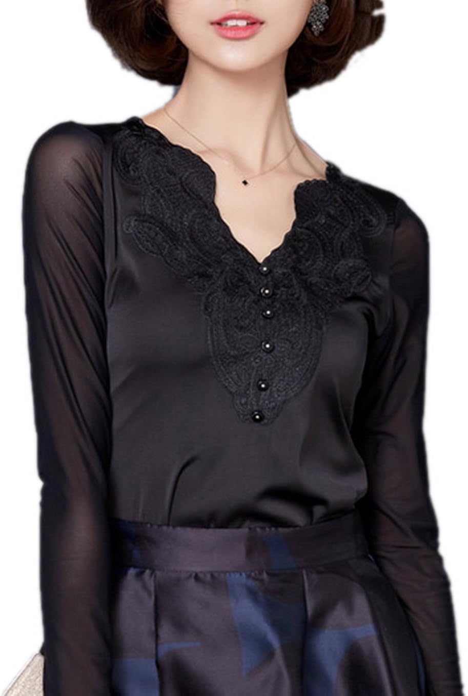 Vintage Striped Black Chiffon Blouse Cardigan Summer Hollow Out Lace Sleeve V Neck Woman Top 