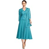 2 Piece Mother of The Bride Dresses 3/4 Sleeves Chiffon Sequins Tea Length Formal Evening Gown