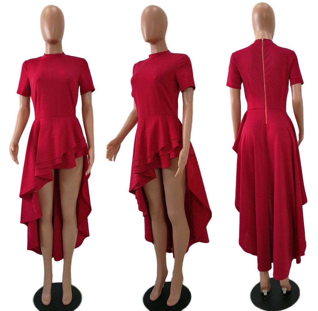 Women Ruffle High Low Asymmetrical Irregular Short Sleeve Tops Shirts Blouse Dress Blue L