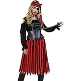 PURFUN 4Pcs Pirate Costume Set Women A-line Red Black Stripes Skirt Dress Long Headband Black Adjustable Waistband Lazy Eye Patch Medieval Halloween Cosplay Mardi Gras Pirate Outfits Accessories