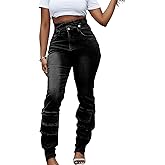 Vaceky Women's Stretch Jeans with Removable Cross Strap Cutout Waist Distressed Cargo Pants