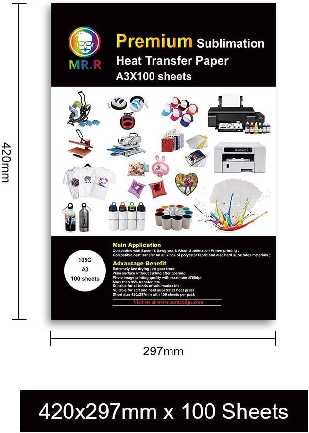 MR.R Sublimation Heat Transfer Paper 105gsm 297mm x 420mm Pack of 100 Sheets Compatible with EPSON, SAWGRASS, RICOH - Image 4