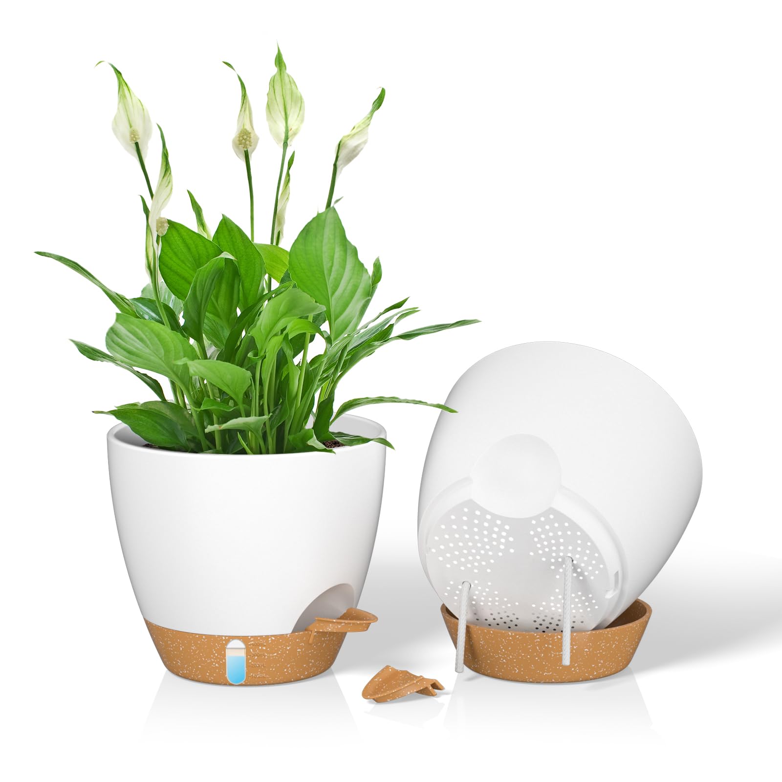 ZMTECH 20 cm Plant Pots with Drainage Holes Saucer Self Watering Planters with Watering Inlet Plastic Flower Pot for Indoor Outdoor Plants (Set of 2, White)