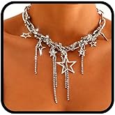 Yalice Punk Silver Choker Necklaces for Women Gothic Heart Star Pendant Necklace Chain with Rivet Grunge Y2K Rhinestone Jewelry Gifts
