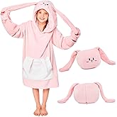 IFNOW Wearable Blanket Hoodie Kids, Oversized Fleece Blanket Sweatshirt Christmas Birthday Gifts for Boys, Girls, Teen Hoodie with Portable Foldable Blanket Pillow, Animal Embroidery 5-15 Years Rabbit