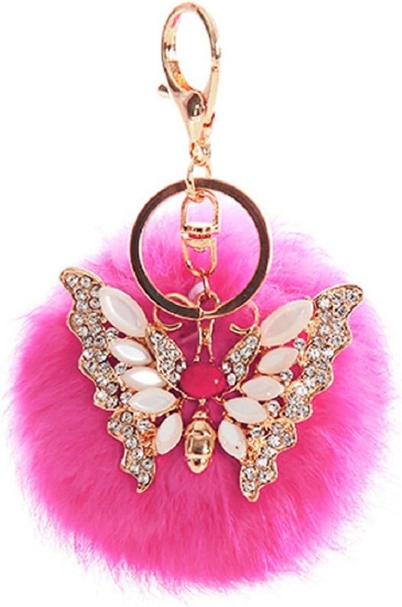 Egmy Cute Solid Color Fluffy Rabbit Fur Ball Butterfly Cell Phone Car Keychain Pendant Handbag Charm Key Ring