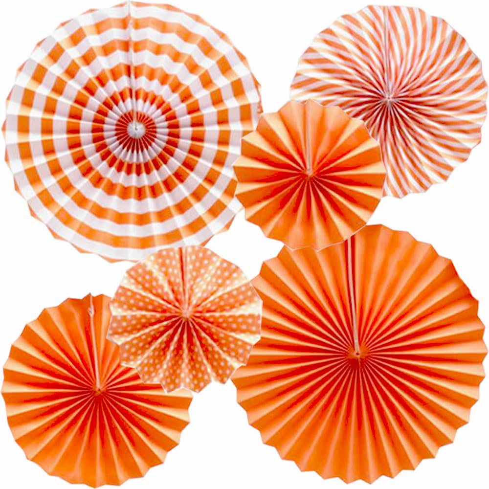 Ruidee 6Pcs Hanging Paper Fan Decorations, Colorful Fans for Parties, Carnivals, and Birthdays (Orange)
