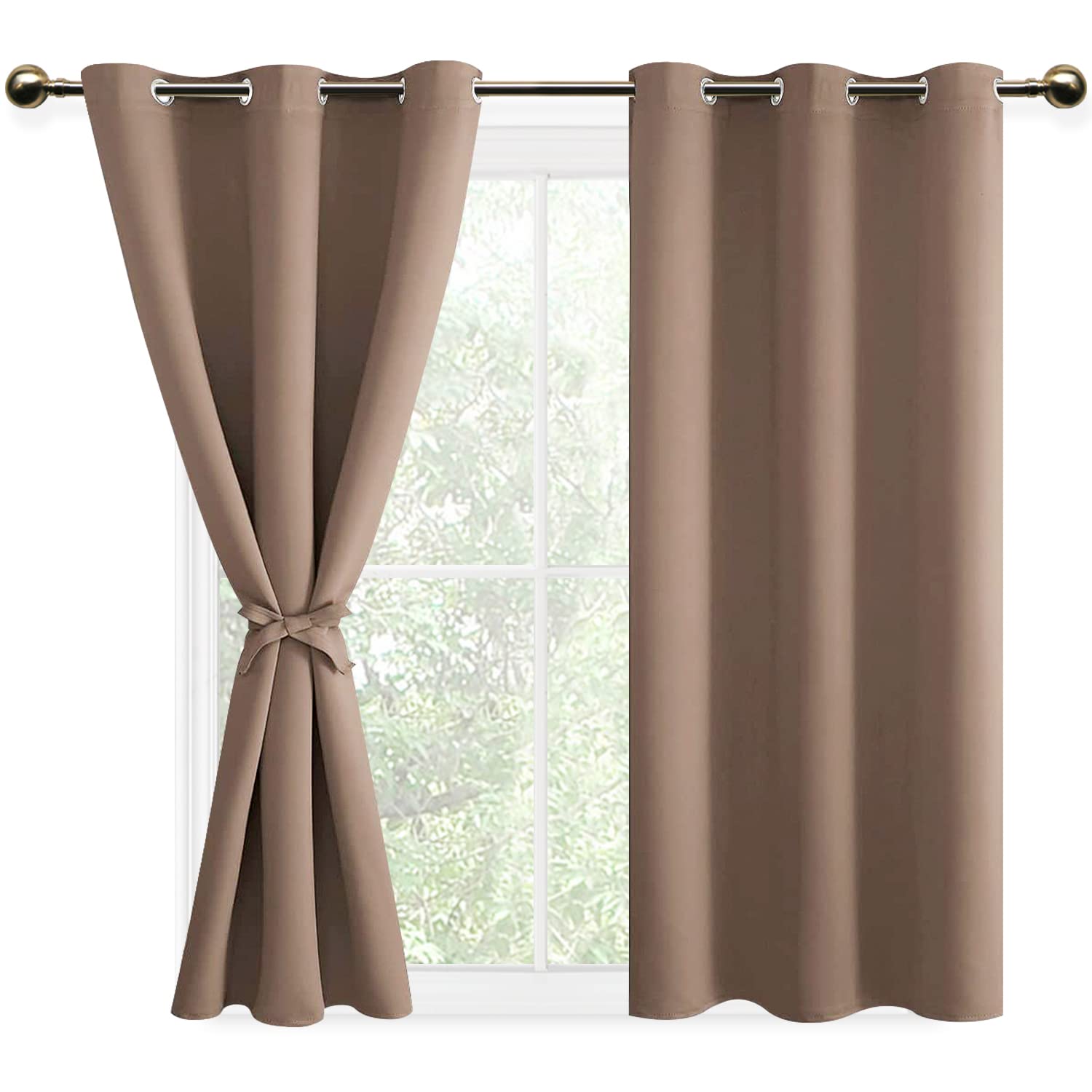 DWCN Khaki Blackout Curtains with Tiebacks for Bedroom Thermal Insulated Solid Eyelet Curtains for Living Room,2 Panels,46" Wide x 54" Drop