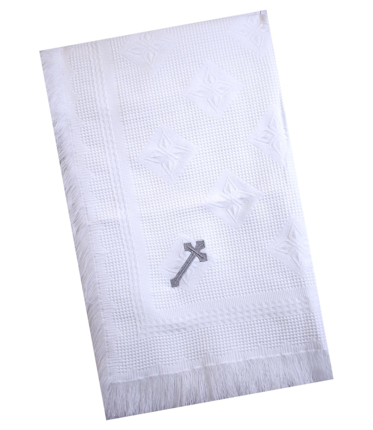 BabyPrem Baby Blanket Shawl Cross Christening Baptism Knitted Fringe 122 x 122cm White