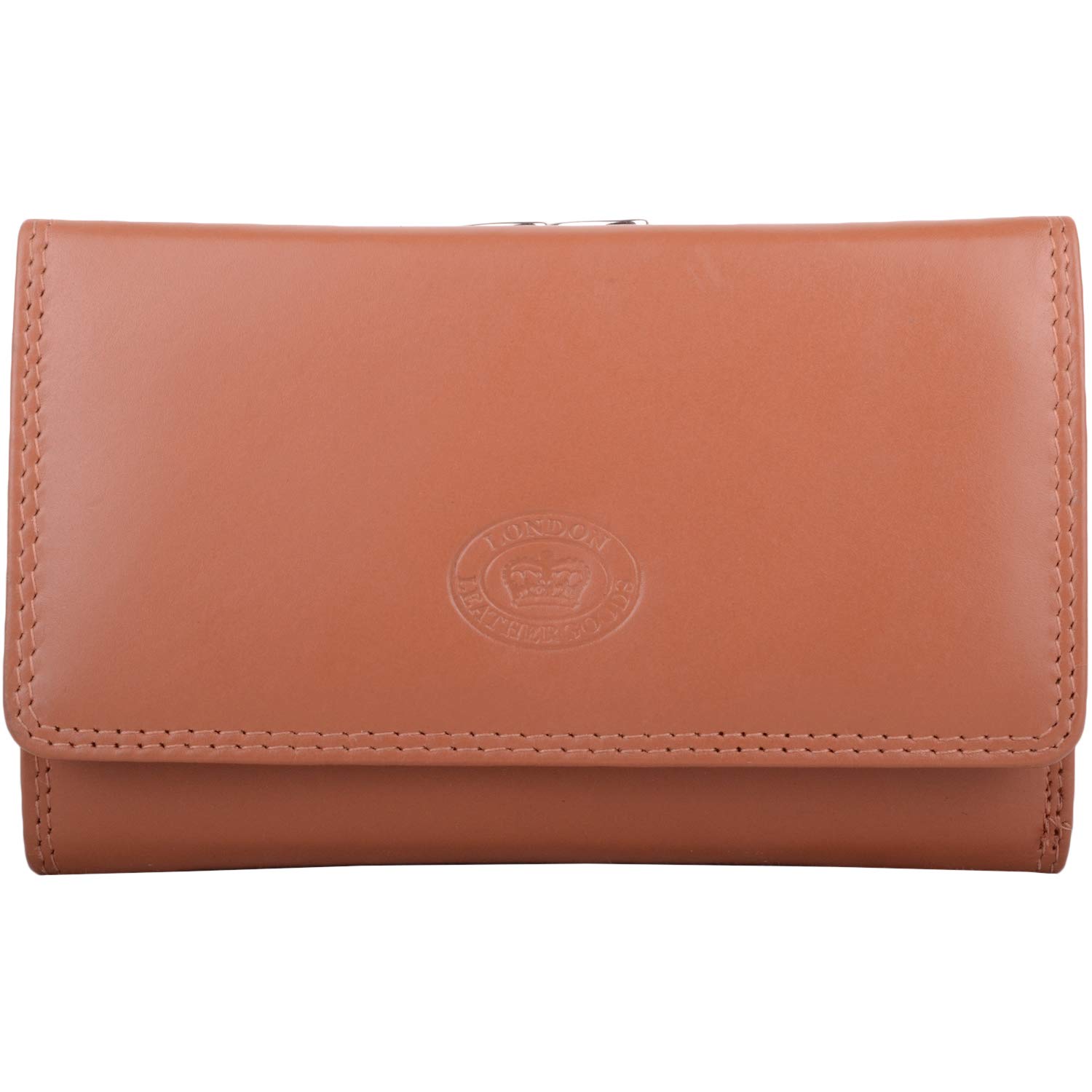 Womens Soft Leather Tri-Fold RFID Protected Purse with Clip Frame Pocket - Tan