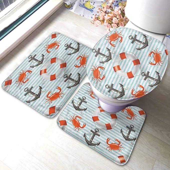 Nautical Bathroom Rug Set 3 Pieces, Extra Soft Absorbent Bathroom Rug