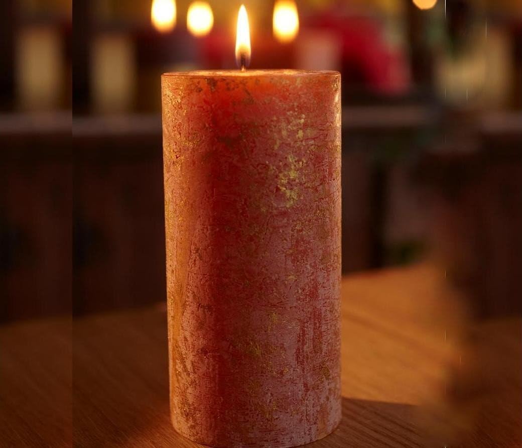 St Eval - Orange & Cinnamon Scented, Gold Marbled Pillar Candle, A Warm and Tangy Orange and Mandarin Scent with Hints of Spicy Cinnamon, Made in Cornwall