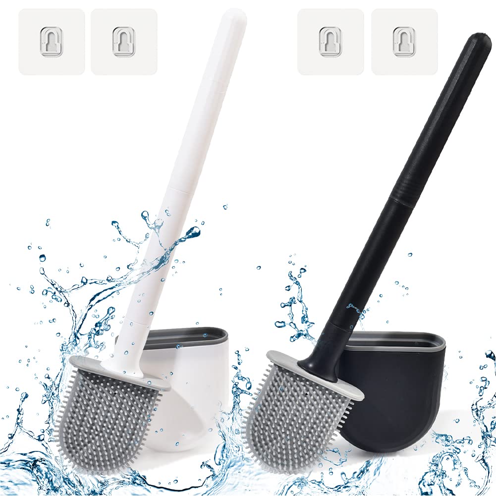 Silicone Toilet Brush 2 Pack,Toilet Brushes Holder Set,Toilet Brush Wall Mounted and Base for Anti-drip,Deep Cleaning Silicone Toilet Brushes with No-Slip Long Plastic Handle,Quick Drying Holder Set