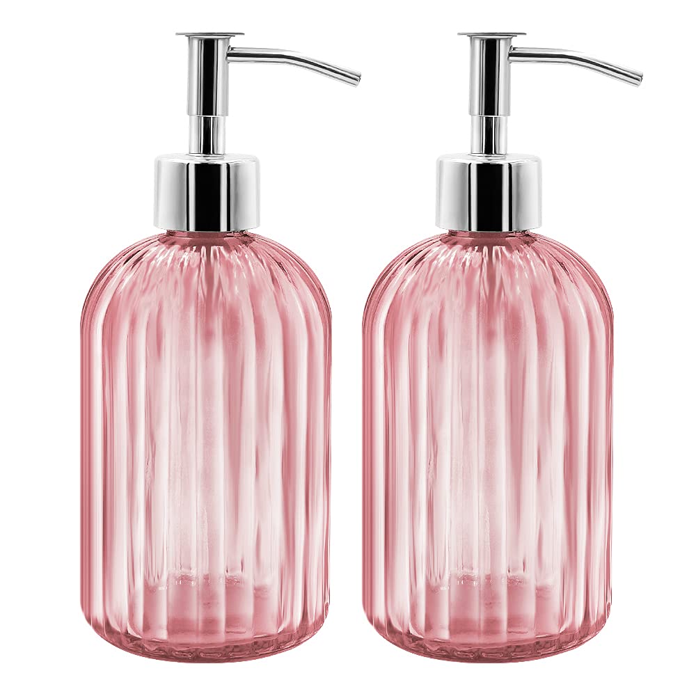 2 Pack Glass Soap Dispenser Bottle with Pump, 14 Oz Refillable Liquid Hand Jar Dispenser for Bathroom, Countertop, Kitchen, Laundry Room (Pink)