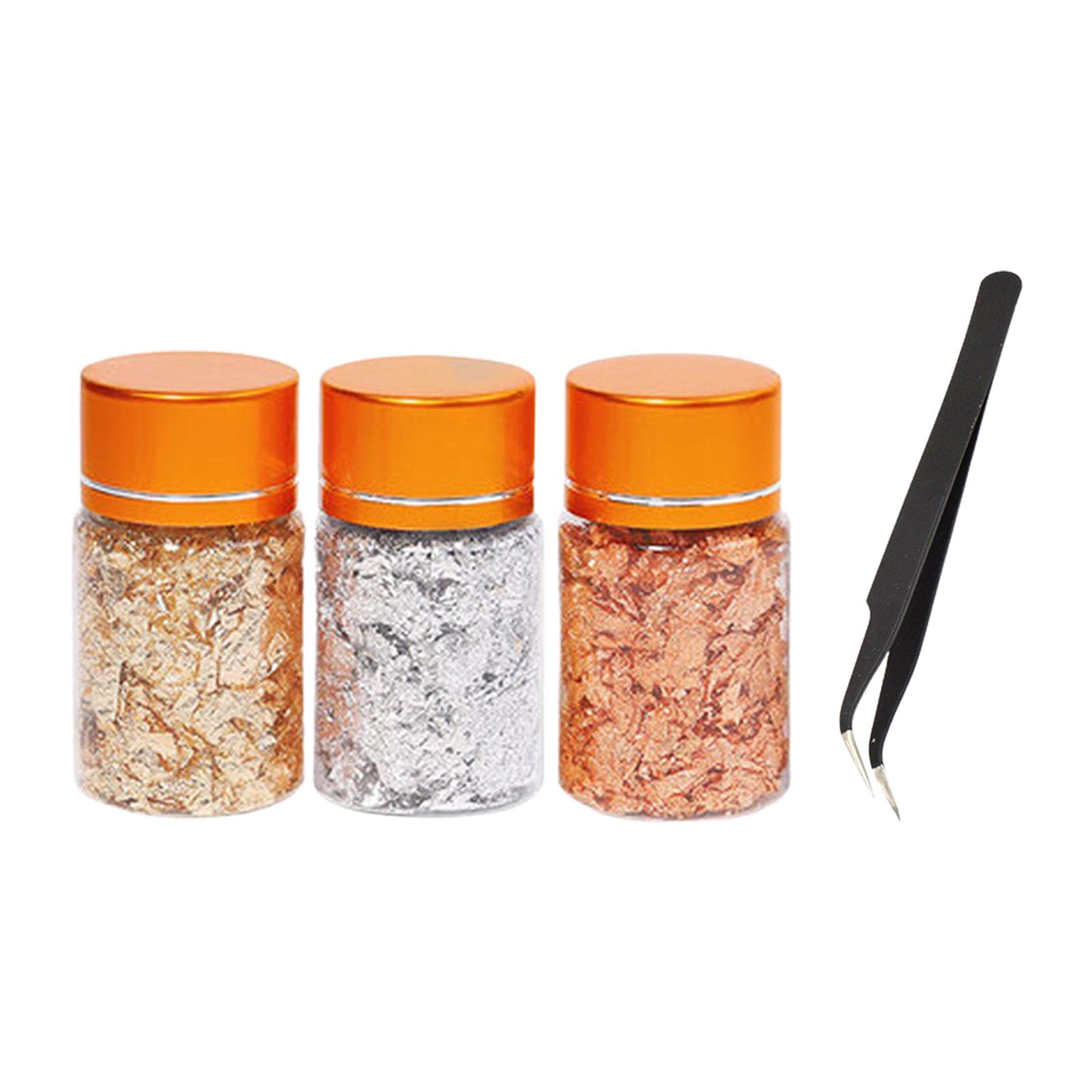 Divono 3 Bottles Gold Leaf Flakes,Gold Foil,With Tweezers Home Decoration Gold Leaf Flakes,Shiny Copper Foil Easy to Store for Makeup, Nail Decoration, Art Decoration and Painting Art