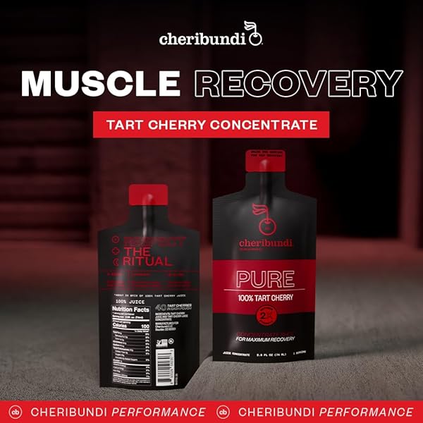 CHERIBUNDI | 100% TART CHERRY JUICE PURE CONCENTRATE GRAB & GO | 2.5 FLUID OUNCE POUCH FOR MAXIMUM RECOVERY WITH 40 TART CHERRIES | 100 CALORIES, 0 PRESERVATIVES, NON-GMO | 2.5 FLOZ 6 POUCHES
