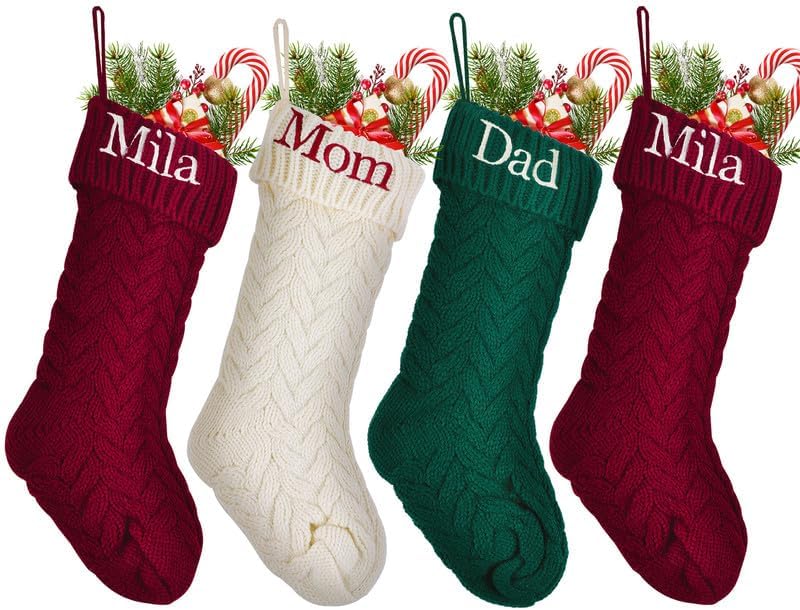 Stockings & Holders - Infiher Christmas Stockings Personalized 4 Pack Custom Name 18” Large Knitted Xmas Stockings for Fireplace Hanging,Family Christmas Stockings with Embroidered Name for Home Decoration(D)