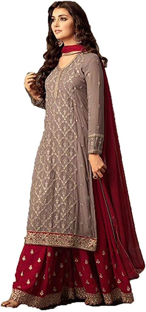 Monika Silk Mill Womens Georgette Dress Material(M32_St_47001_Grey & Red_Xx-Large)