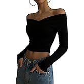 GORGLITTER Women's Off The Shoulder Crop Top Sexy Wrap Ruched Going Out Outfits Long Sleeve Y2K Fashion Cropped T Shirts