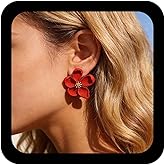 Andelaisi Boho Red Exaggerate Flower Earrings Vintage Red Flower Stud Earrings Red Matte Floral Petal Earrings Personalized Flower Statement Earrings Jewelry for Women