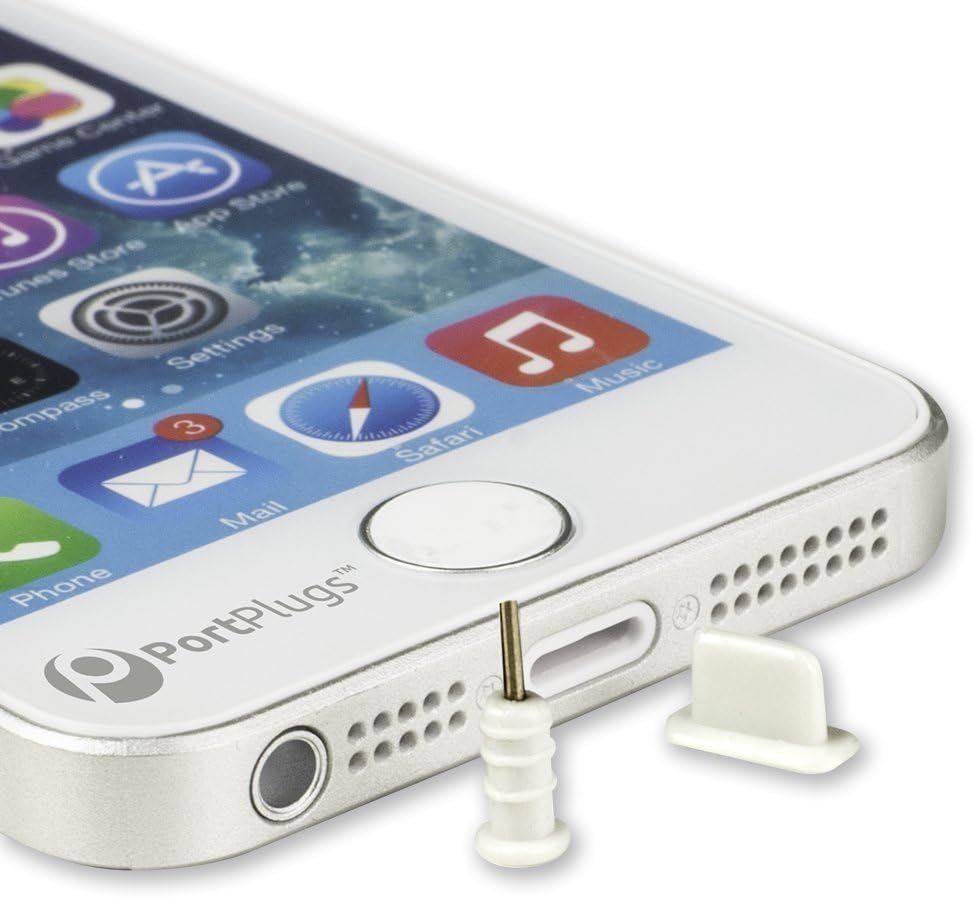 Premium Silicone Anti Dust Plugs for iPhone 5, 5s, 5c, 6, 6s, iPad Mini, Air; Integrated SIM Card Removal Tool - Compatible with Most Cases (White)