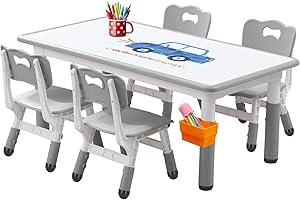 CHIIRAKU Kids Table and 4 Chairs Set, Height Adjustable Toddler Table and Chair Set for Ages 3-8, Easy to Wipe Arts & Crafts 