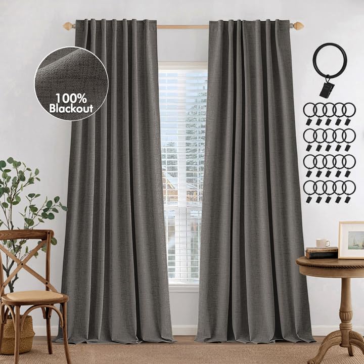 MIULEE 100% Blackout Curtains 96 inches Long, Linen Curtains for Bedroom Living Black Out Window Treatments Thermal Insulated Room Darkening Drapes Back Tab & Rod Pocket, Dark Gray, 2 Panels Image