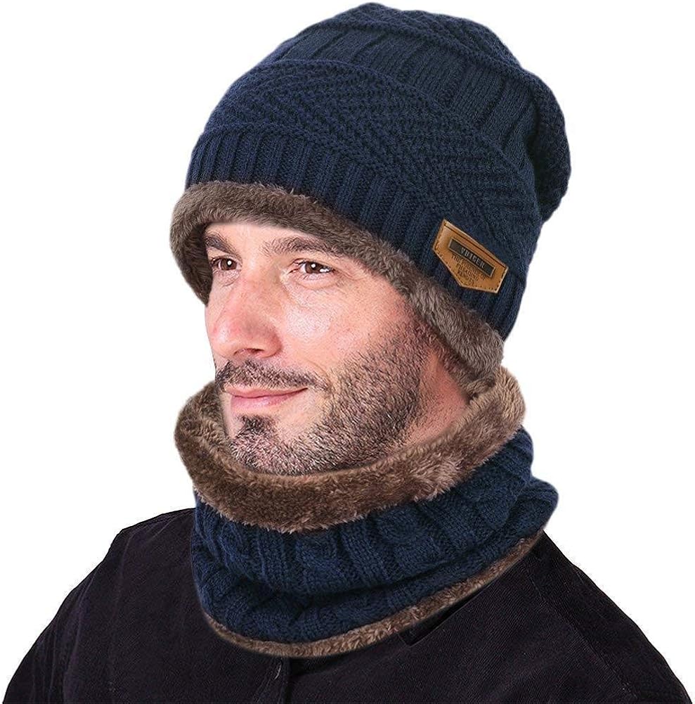 Bkrdty Winter Beanie Hat Scarf Set Fleece Liner Warm Knitted Hat and Circle Scarf for Men and Women Indoors and Outdoor Navy - Image 4