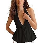 Women Ruffle Hem Halter Tank Top Y2k V Neck Peplum Backless Cropped Cami Top Fairy Flowy Babydoll Shirt