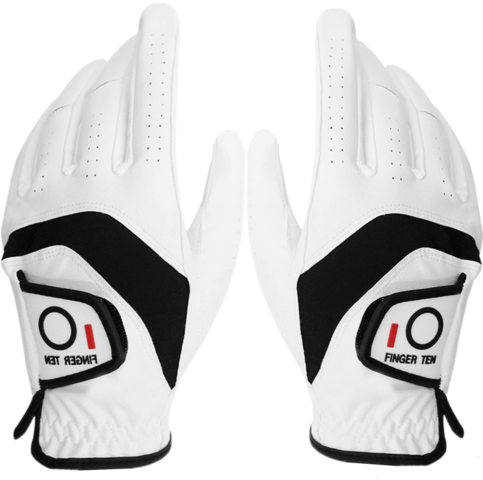 FINGER TEN Golf Gloves Mens Left and Right Hand All Weather Cabretta Leather Weathersof Value Pair, Golf Gloves for men Rain Grip Breathable Wear Resistant Durable Flexible Comfortable(M,White/Black)