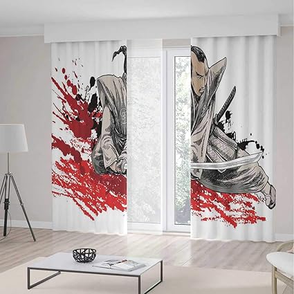 Japanese Long Curtains Warrior Holding A Katana In Ninja