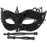 Homoyoyo Black for Women with Stick - Elegant Half Face Mask for Mardi Gras - Halloween and Costume Parties Accessory for Masquerade Dresses