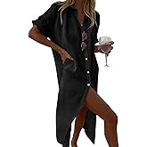 Breezy Lane Swimsuit Coverup for Women Long Button Down Shirt Dress Vacation Wear