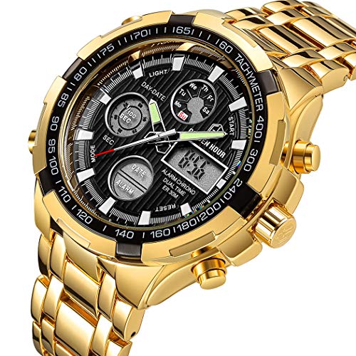 Tamlee Luxury Full Steel Analog Digital Watches Men Led Male Outdoor Sport Military Wristwatch Gold Black