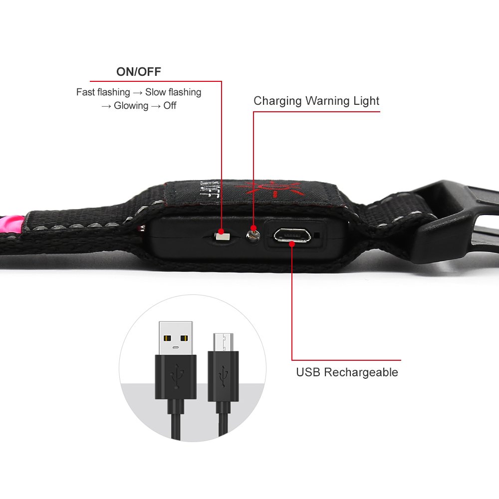 Higo LED Dog Collar,USB Rechargeable,Light Up Adjustable Nylon Fabric Reflective Led Pet Collar (L, Pink)