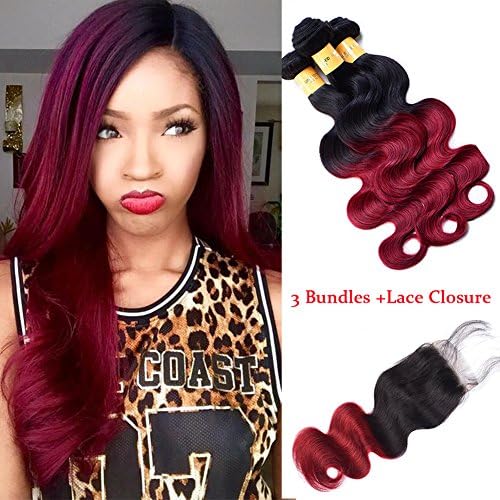 BlackRose 3BundlesBody Weft and 4x4 Free Part Lace Closure 2 Tones Ombre Body Wave Brazilian Hair Weaving 100% Human Hair Unprocessed Human Body Hair Extensions(T1B/Burgundy, ,16"18"20"+14")