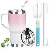 GUDEMAO 20 oz Tumbler with Handle, Stainless Steel Insulated Tumbler with Lid and Straw, Double Wall Vacuum Coffee Mug Tumbler, Insulated Coffee Thermal Cup for Cold and Hot (Pink White)