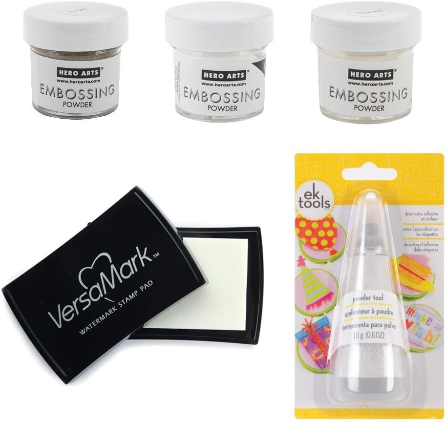 Heat Embossing Essentials - Hero Arts Powders - Clear, White & Gold, Versamark Ink Pad and Powder Tool