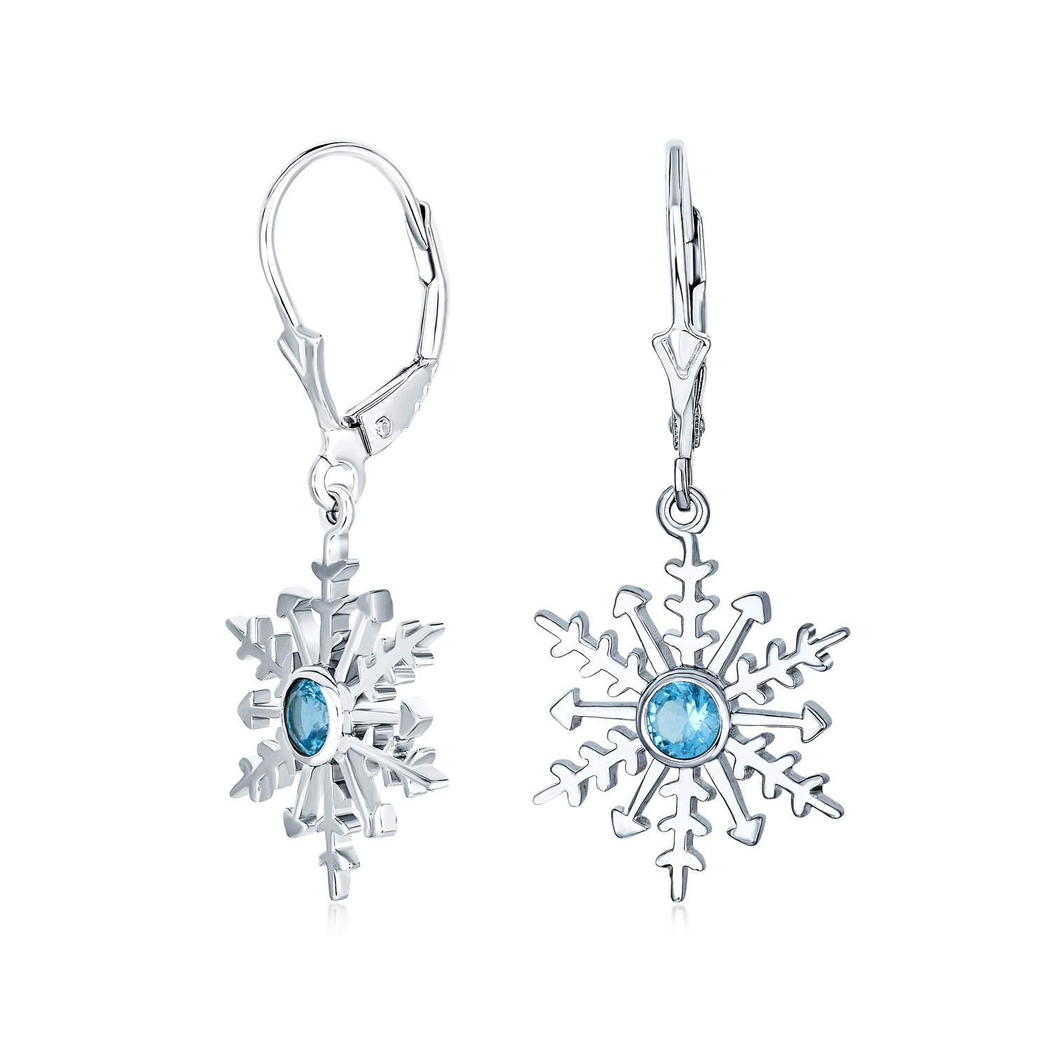 Frozen Winter Holiday Party Christmas Drop Dangle Ice Blue Star Snowflake Earrings for Women Teen .925 Sterling Silver Leverback