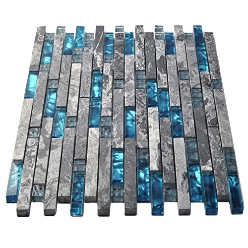 Home Building Glass Tile Kitchen Backsplash Idea Bath Shower Wall Decor Teal Blue Gray Wave Marble Interlocking Pattern Art Mosaics TSTMGT002 (10 Square Feet)