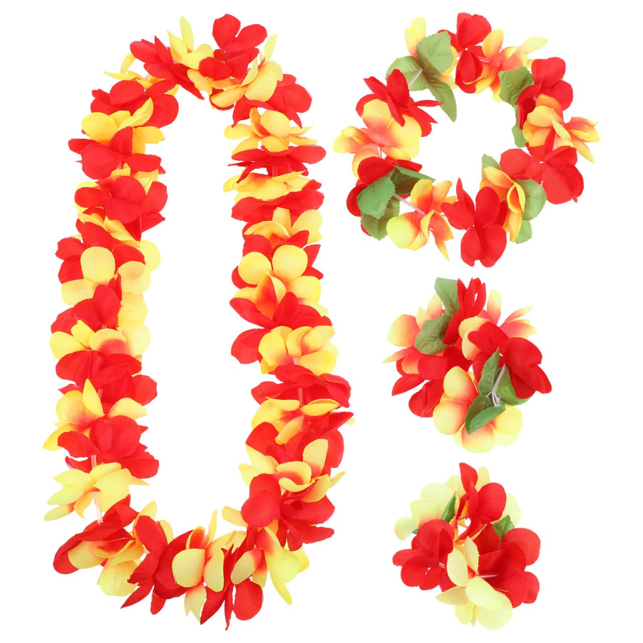 Healeved 4 Pcs Hawaiian Flower Leis Set, Hawaiian Garland Necklace Headband Bracelets, Luau Tropical Party Decorations for Beach Holiday, Aloha Theme Fancy Dress Accessory for Adults Kids