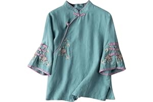 OPLXUO Women's Retro Chinese Frog Button 3/4 Sleeve Tops Casual Floral Embroidered Shirts Mandarin Neck Cotton Linen Blouses