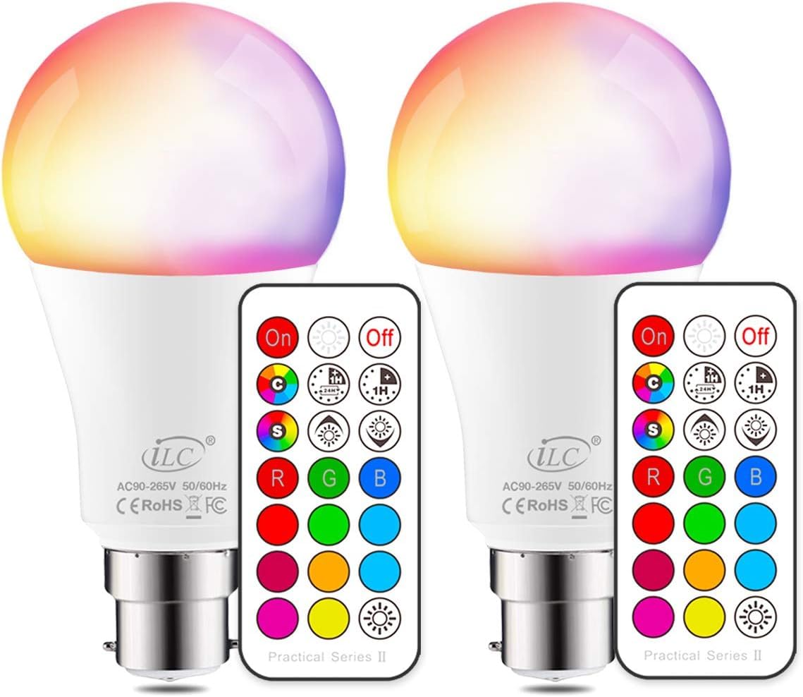 iLC Colour Changing Light Bulb Dimmable 10W B22 Bayonet RGBW LED Light Bulbs - 12 Color Choices - Remote Controller Included for Home/Decoration/Bar/Party/KTV (Pack of 2)