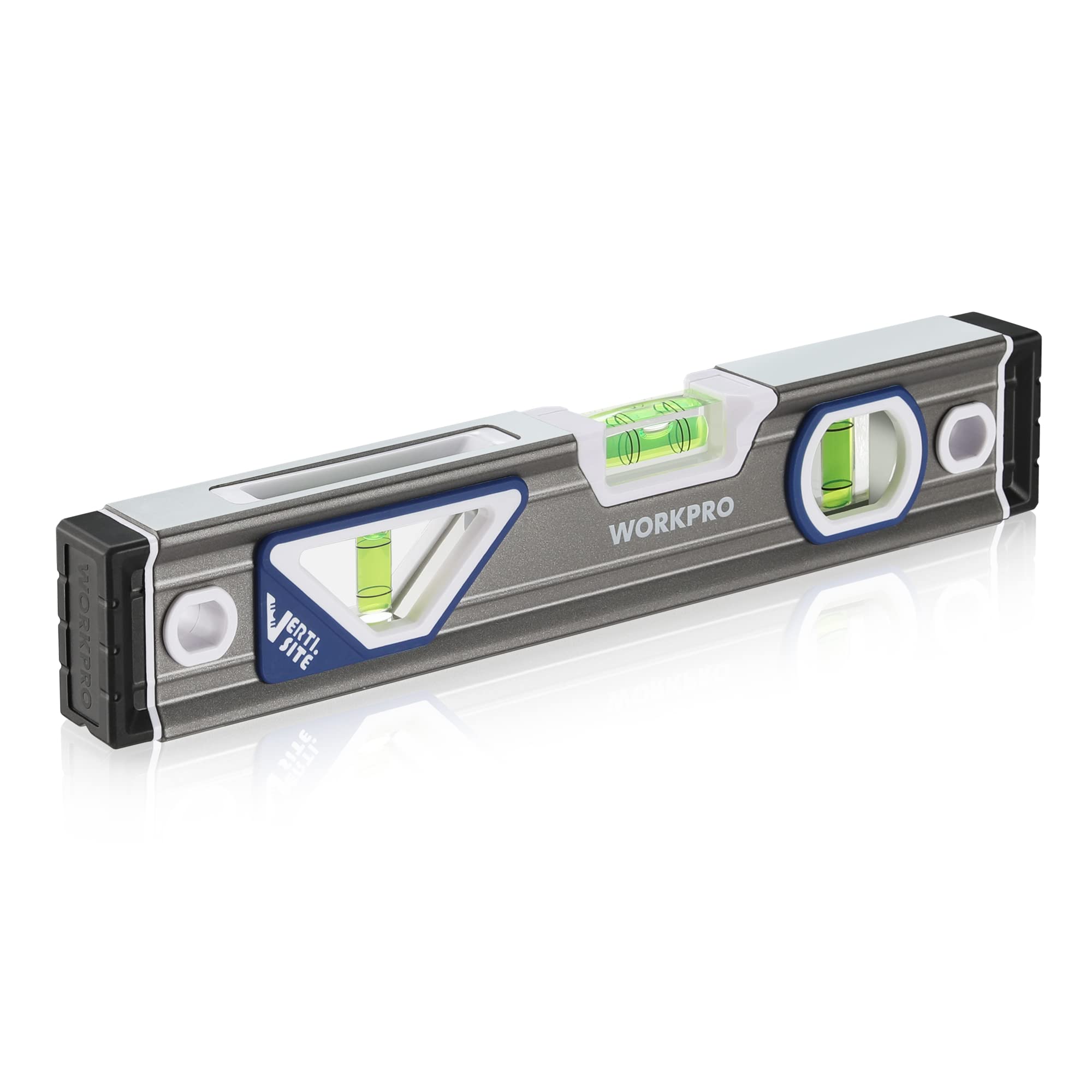 WORKPRO 25 cm/10 inch Spirit Level, Professional Torpedo Level, Aluminium Housing with Shock-Absorbing Rubber End Caps, Patented Verti-site, Double View Design
