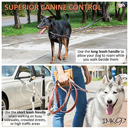 Leather Dog Leash – 6 ft Big Dog Training Leash - Double Handle Best for Pulling Medium and Large Pets – 6 Foot Long Heavy Duty Leather Lead - IMK9 Brown