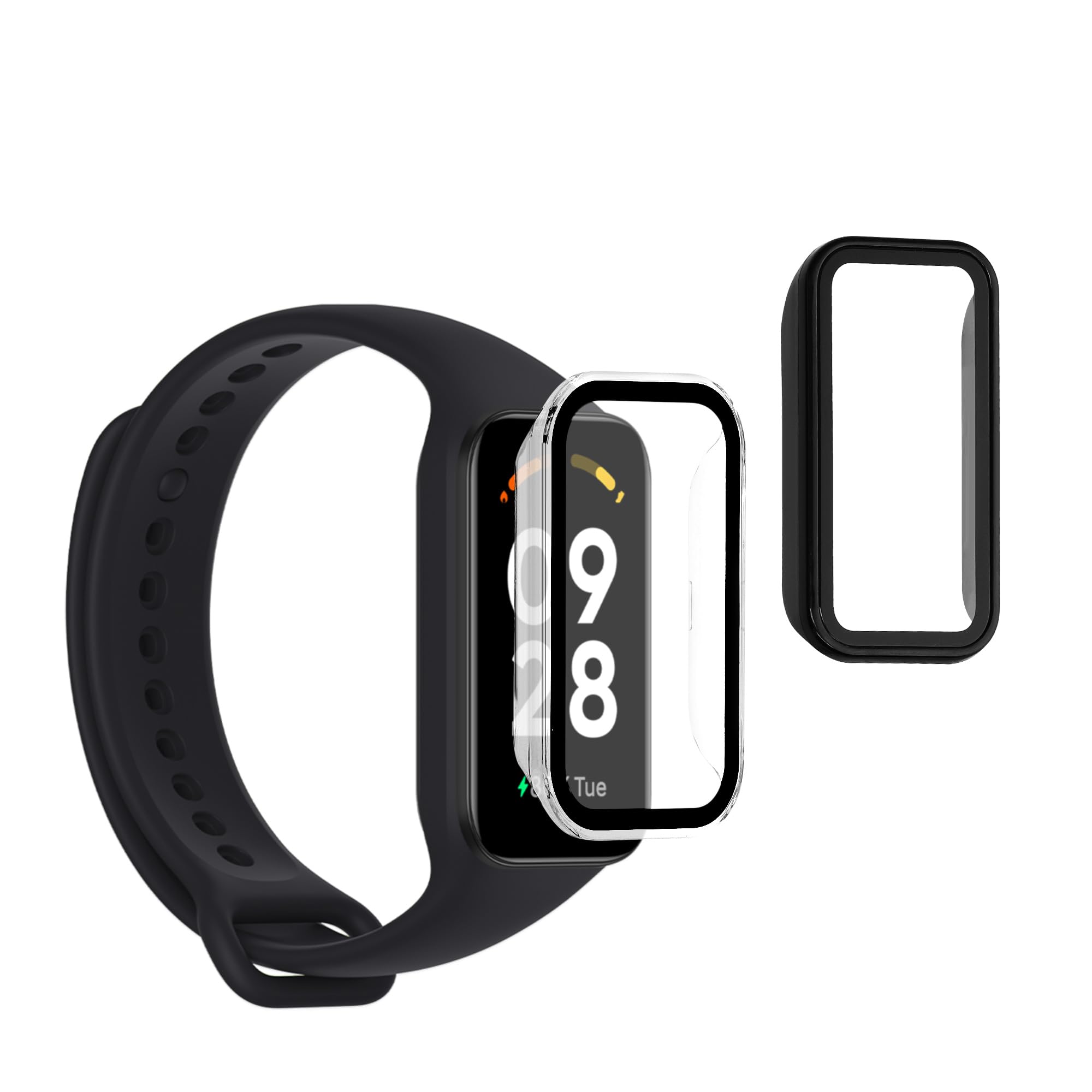 kwmobile 2 Cover with Screen Protector for Xiaomi Redmi Smart Band 2 Case - Tempered Glass with Plastic Frame Covers - Transparent/Black