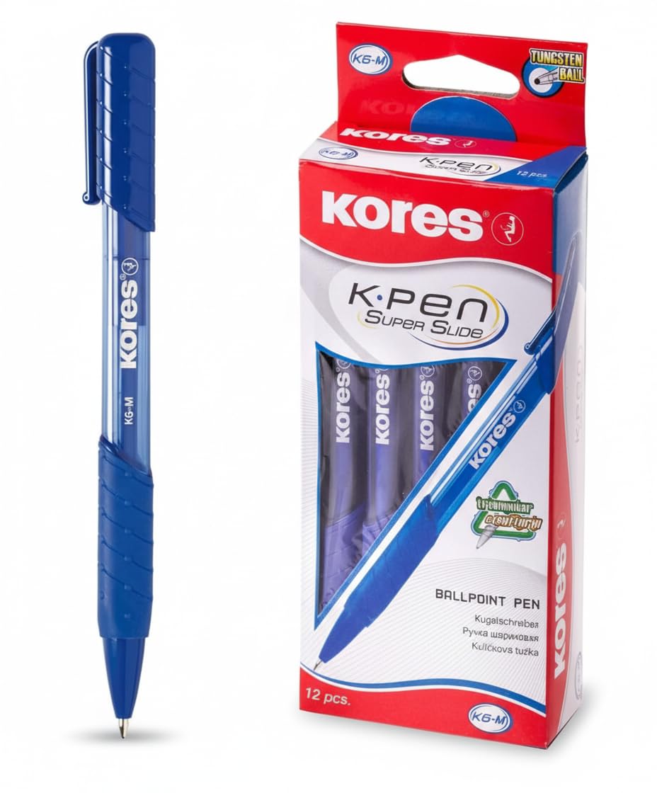 Kores - Blue Super Slide Ballpoint Pens - K6, 1mm, Triangular, Point Biro, Smudge-Proof Ink - Office Supplies, School Stationery, Crafts and Writing Pens, Teacher Supplies, Pens Multipack - Set of 12
