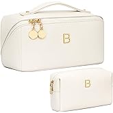 CLOUDWINGS Birthday Gifts for Women Teen Girl, Personalized Initial Makeup Organizer Bag Set, Open Flat Travel Cosmetic Bag With Clear Divider and Handle(Beige,B)