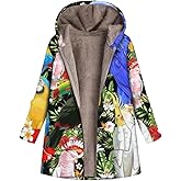 Nupucy Women's Winter Printed Hooded Fleece-Lined Coat Boho Warm Zip-Up Long Sleeve Sherpa Outerwear Jacket with Pockets