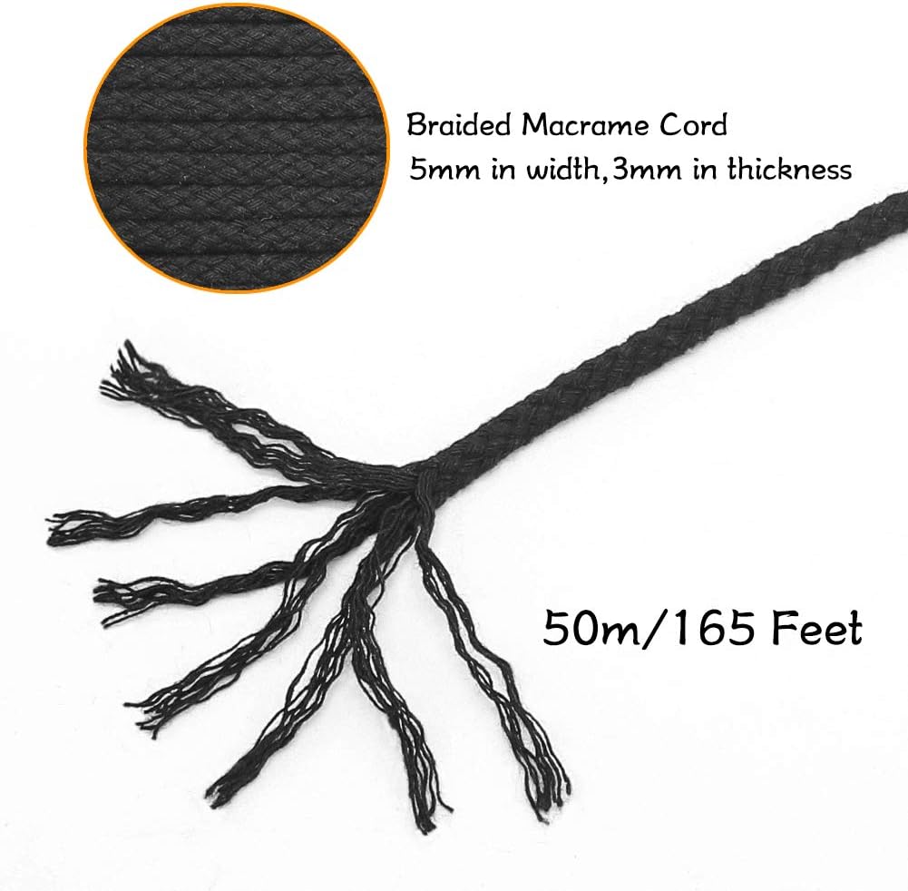 Tenn Well Macrame Cord, 5mm 165 Feet Cotton Braided Macrame Rope for Plant Hangers Wall Hangings DIY Crafts (Black) - Image 3